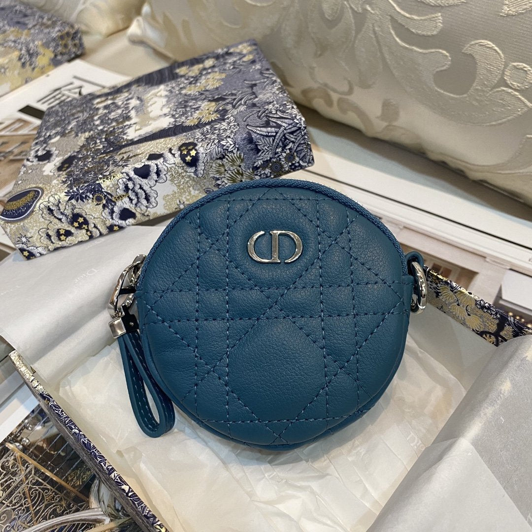 Dior Detachable Caro Round Coin Purse Deep Ocean Blue Cannage Calfskin