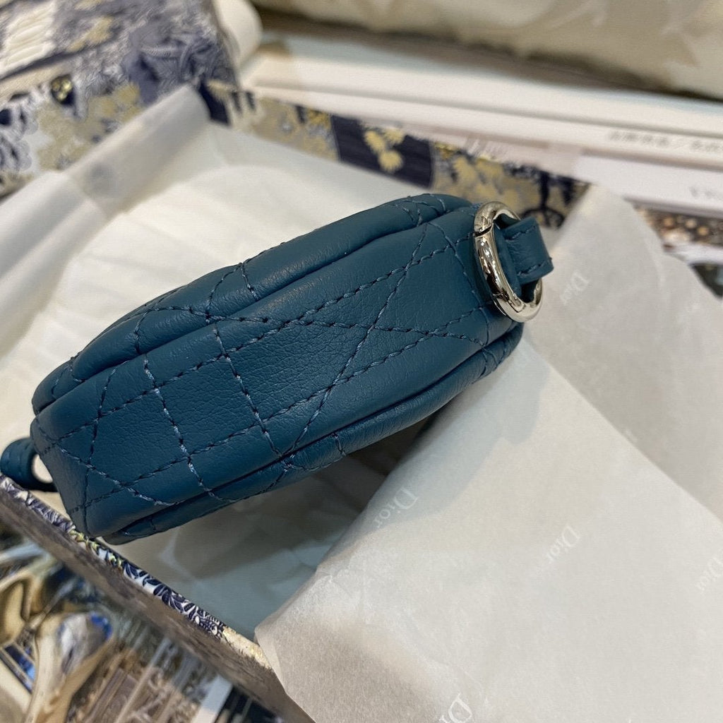 Dior Detachable Caro Round Coin Purse Deep Ocean Blue Cannage Calfskin
