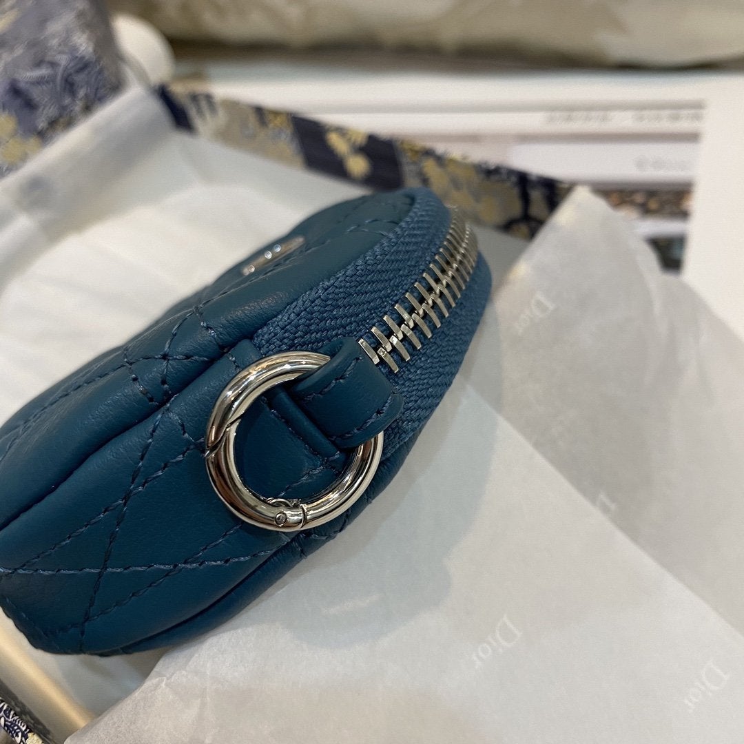 Dior Detachable Caro Round Coin Purse Deep Ocean Blue Cannage Calfskin