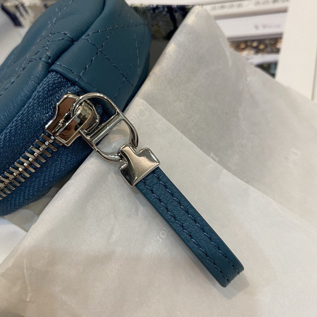 Dior Detachable Caro Round Coin Purse Deep Ocean Blue Cannage Calfskin