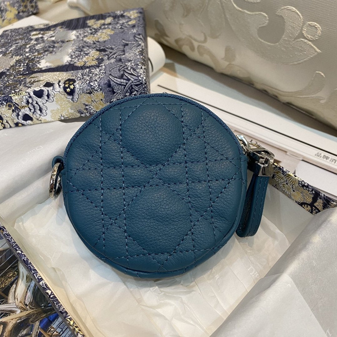 Dior Detachable Caro Round Coin Purse Deep Ocean Blue Cannage Calfskin