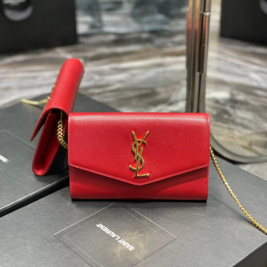 Saint Laurent Uptown Chain Wallet 19 Red Grained Calfskin