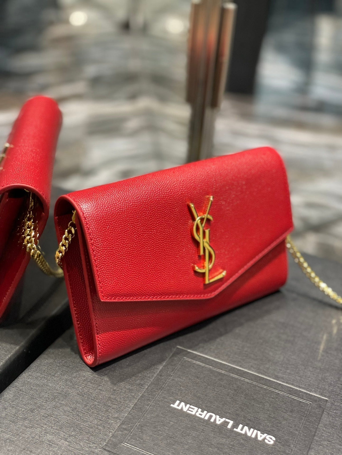 Saint Laurent Uptown Chain Wallet 19 Red Grained Calfskin
