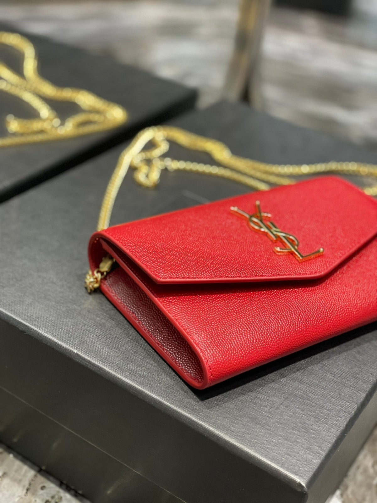 Saint Laurent Uptown Chain Wallet 19 Red Grained Calfskin