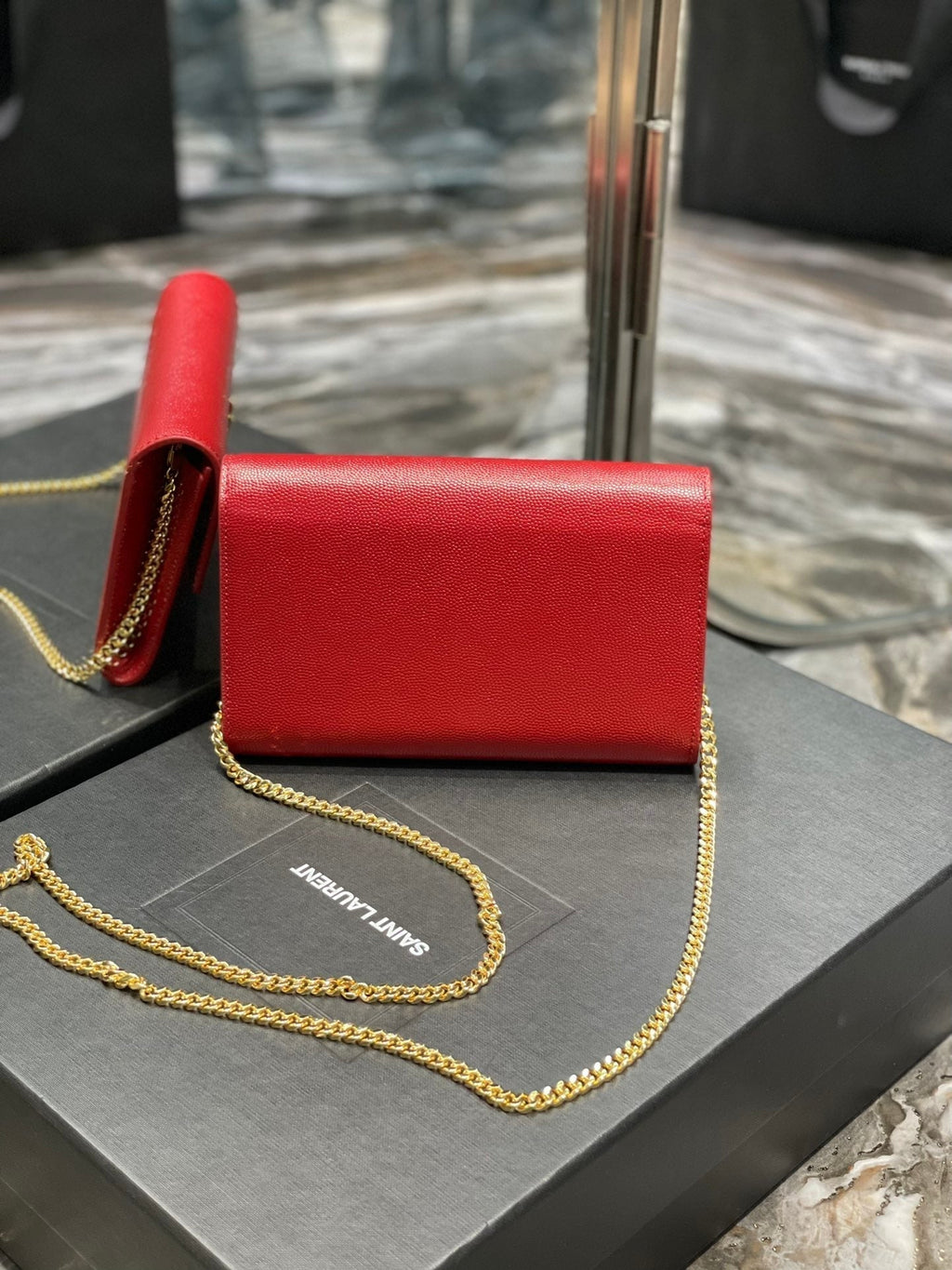Saint Laurent Uptown Chain Wallet 19 Red Grained Calfskin