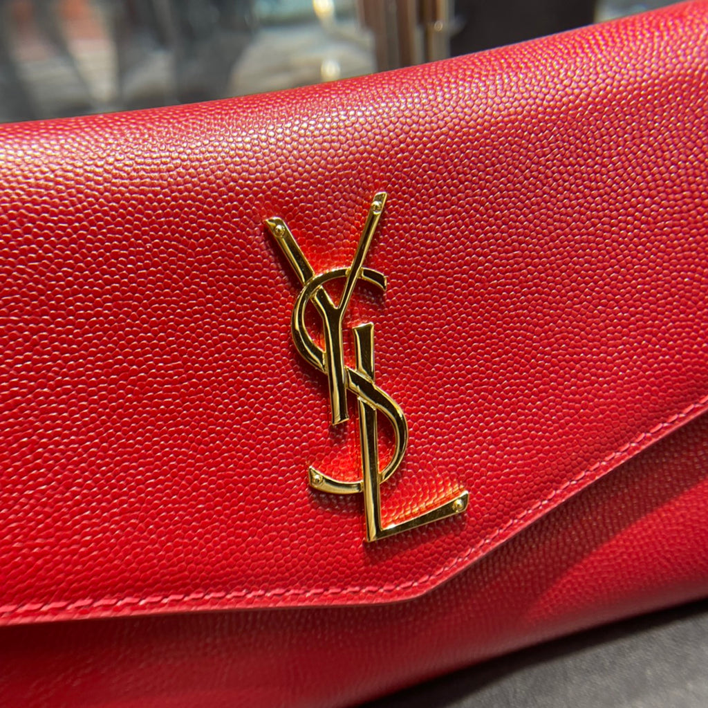 Saint Laurent Uptown Chain Wallet 19 Red Grained Calfskin