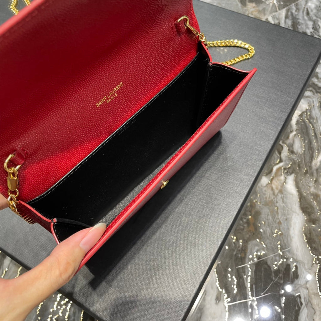 Saint Laurent Uptown Chain Wallet 19 Red Grained Calfskin
