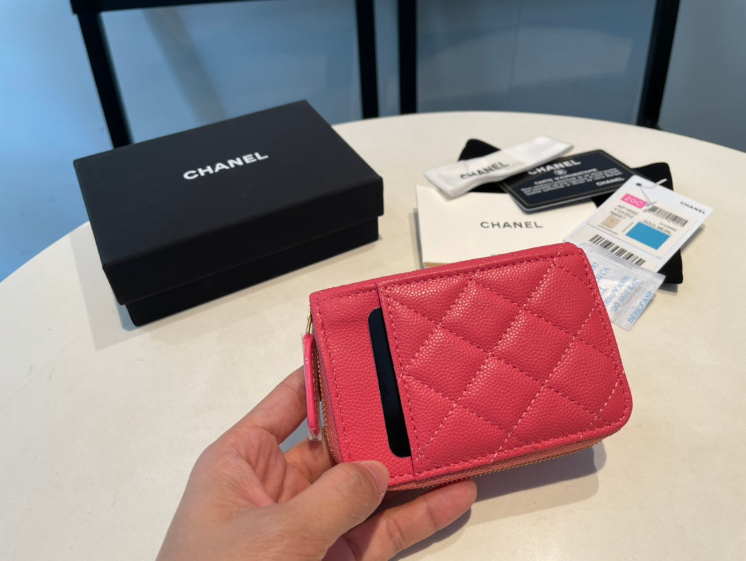 Chanel Zipped Coin Purse 11 Red Pink Grained Calfskin