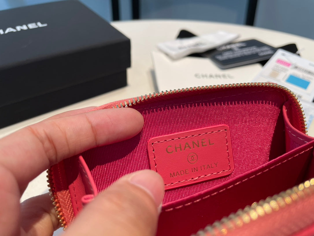 Chanel Zipped Coin Purse 11 Red Pink Grained Calfskin