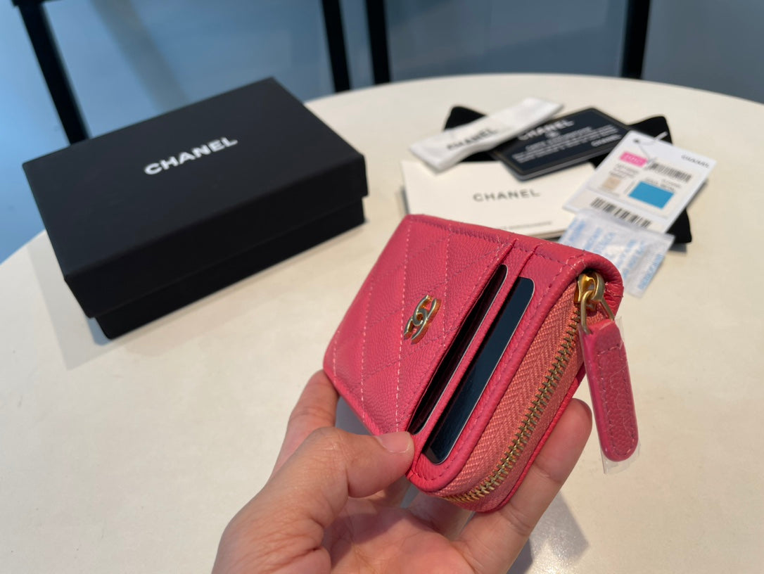 Chanel Zipped Coin Purse 11 Red Pink Grained Calfskin
