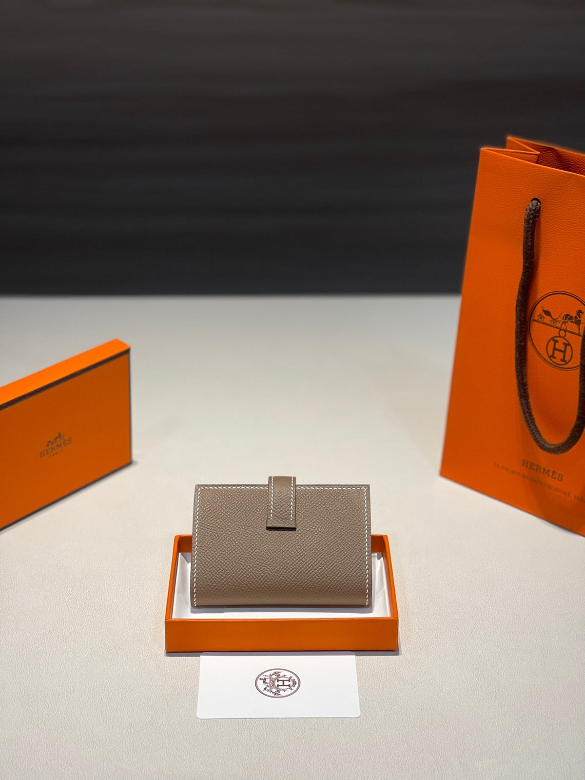 Hermes Mini Bearn Wallet 10.5 Etoupe Epsom Gold Hardware