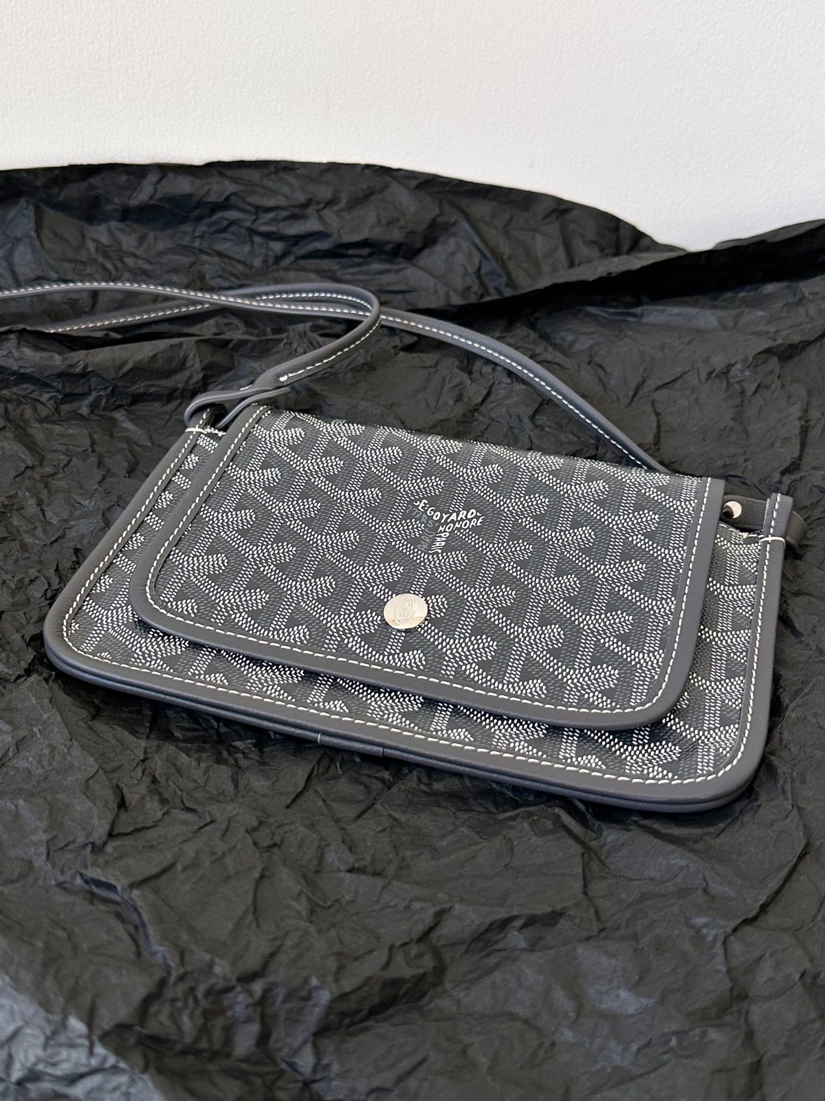 Goyard Plumet Pocket Wallet 20 in Grey Black Goyardine Canvas and Lambskin Trim