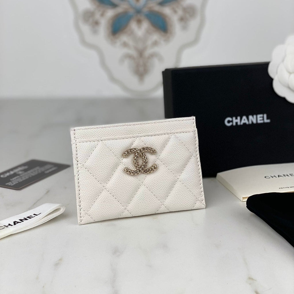 Chanel Card Holder 19.5 White Grained Calfskin Gold Icon