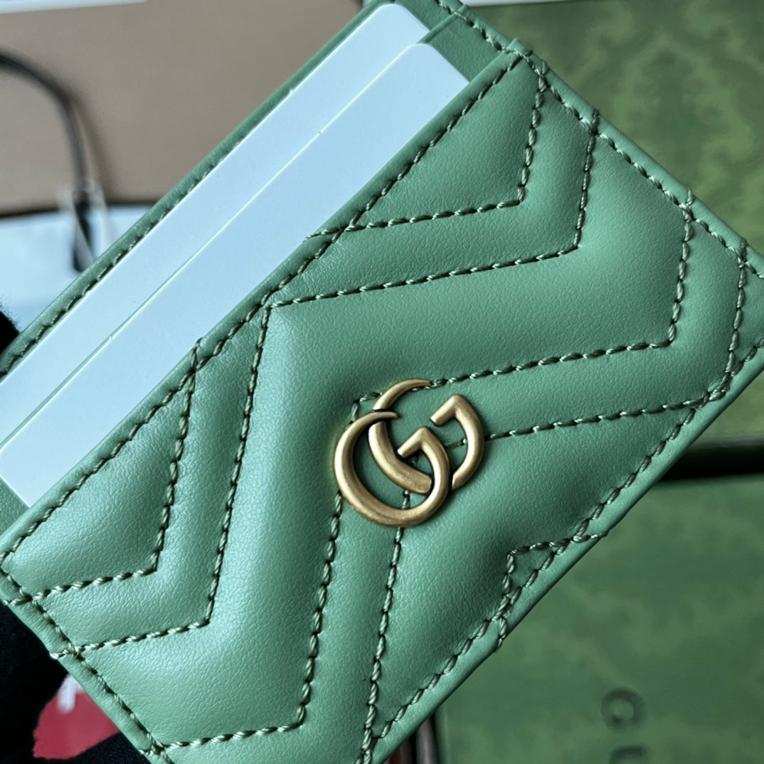 Gucci Marmont Quilted Card Case 10 in Light Green Lambskin