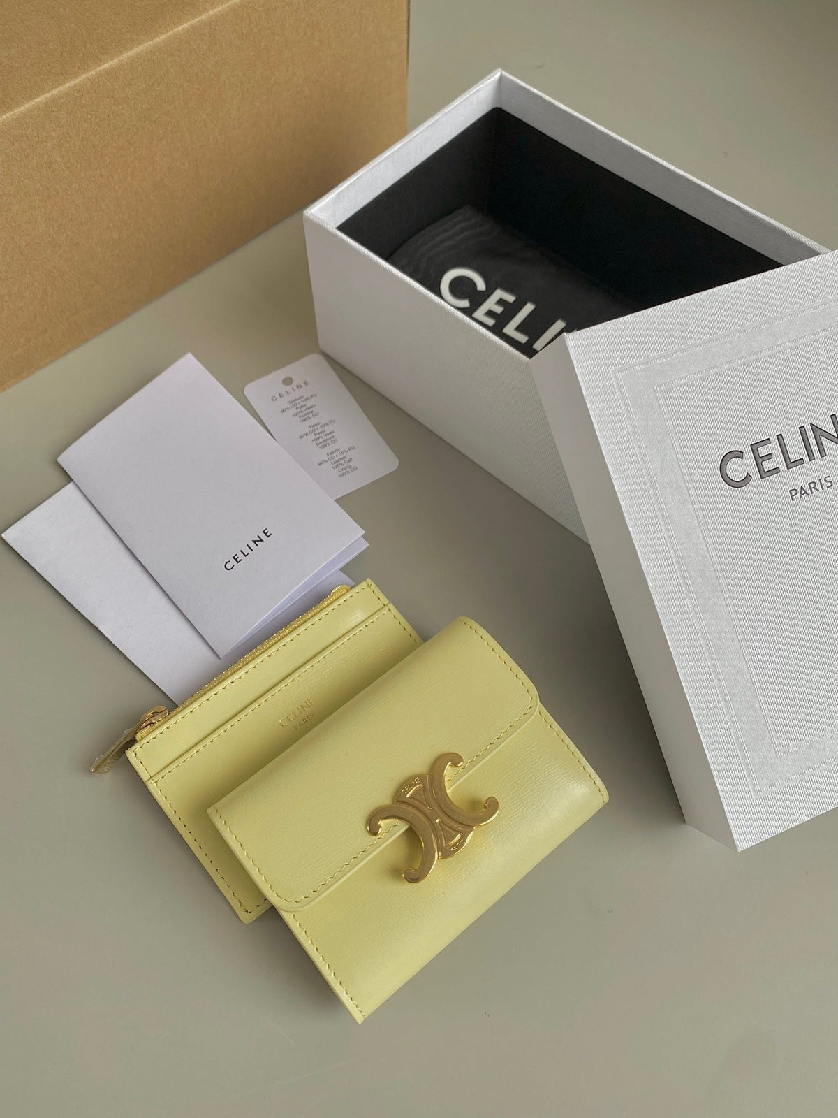 Celine Triomphe 9 Wallet Two-In-One Yellow Pastel Calfskin