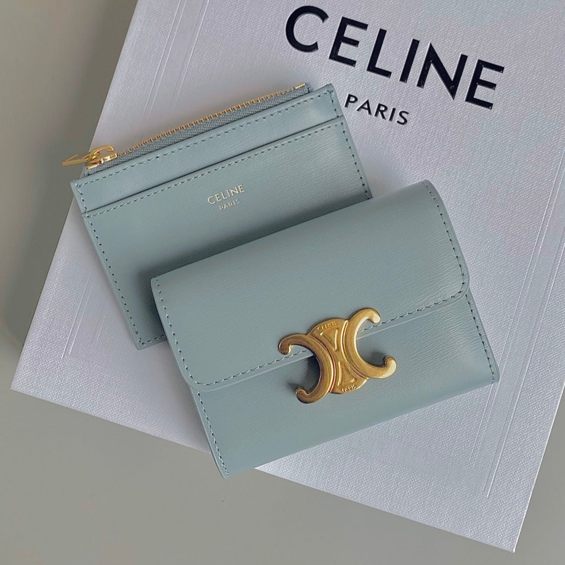 Celine Triomphe 9 Wallet Two-In-One Glacier Blue Calfskin