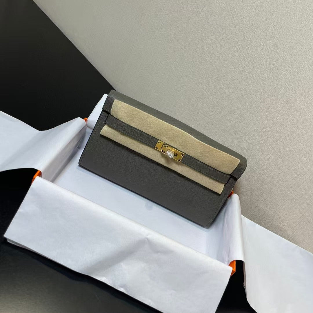Hermes Kelly Classique to Go Wallet Epsom 20 in Grey with Gold Hardware