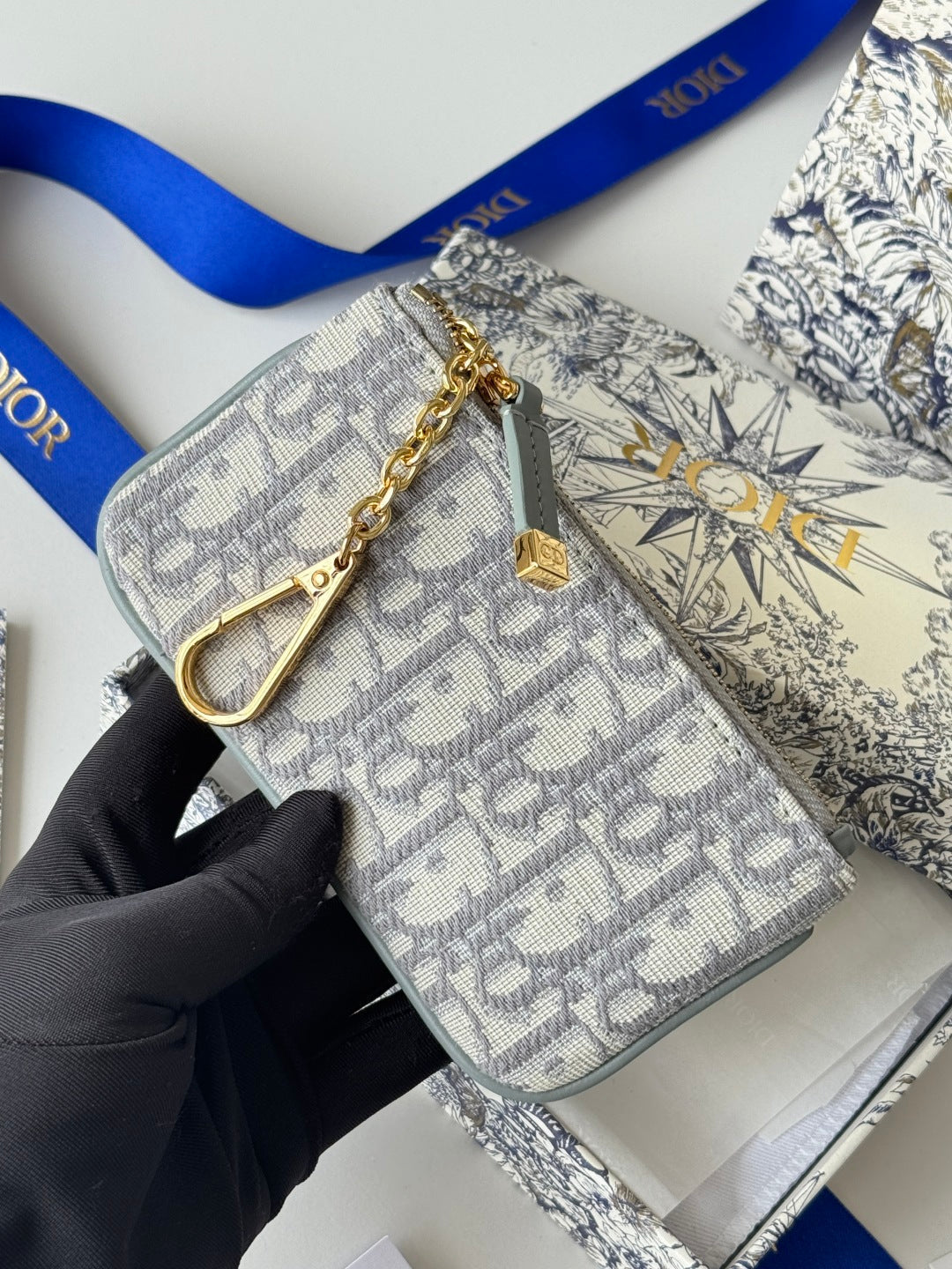 Dior 25S Travel Myrte Zipped Key Case 14 in Gray Oblique Jacquard Canvas