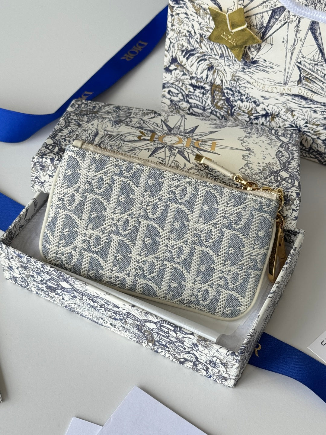 Dior 25S Travel Myrte Zipped Key Case 14 in Blue Oblique Jacquard Canvas