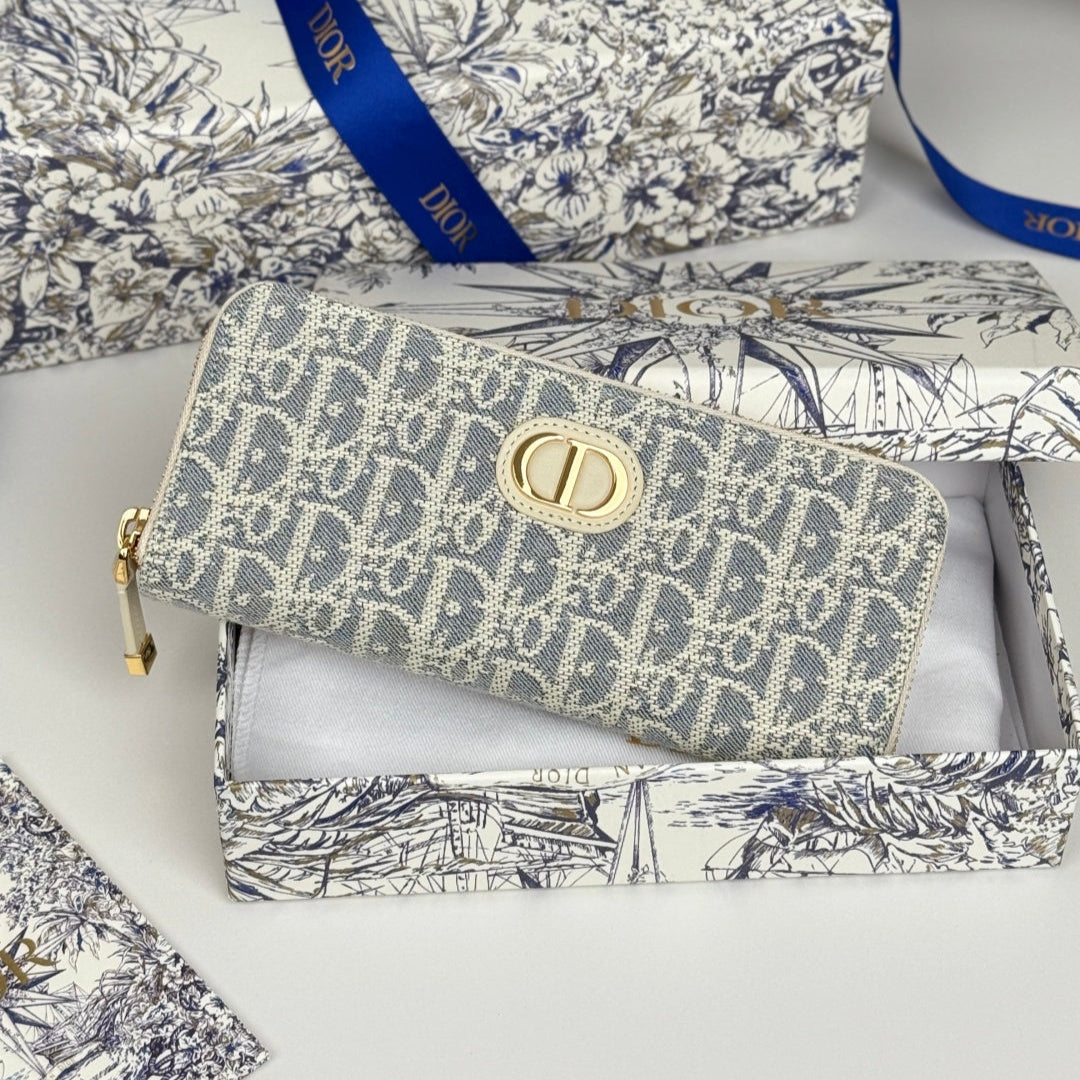 Dior 25S Long Zipper Wallet 19 in Light Blue Oblique Jacquard Canvas