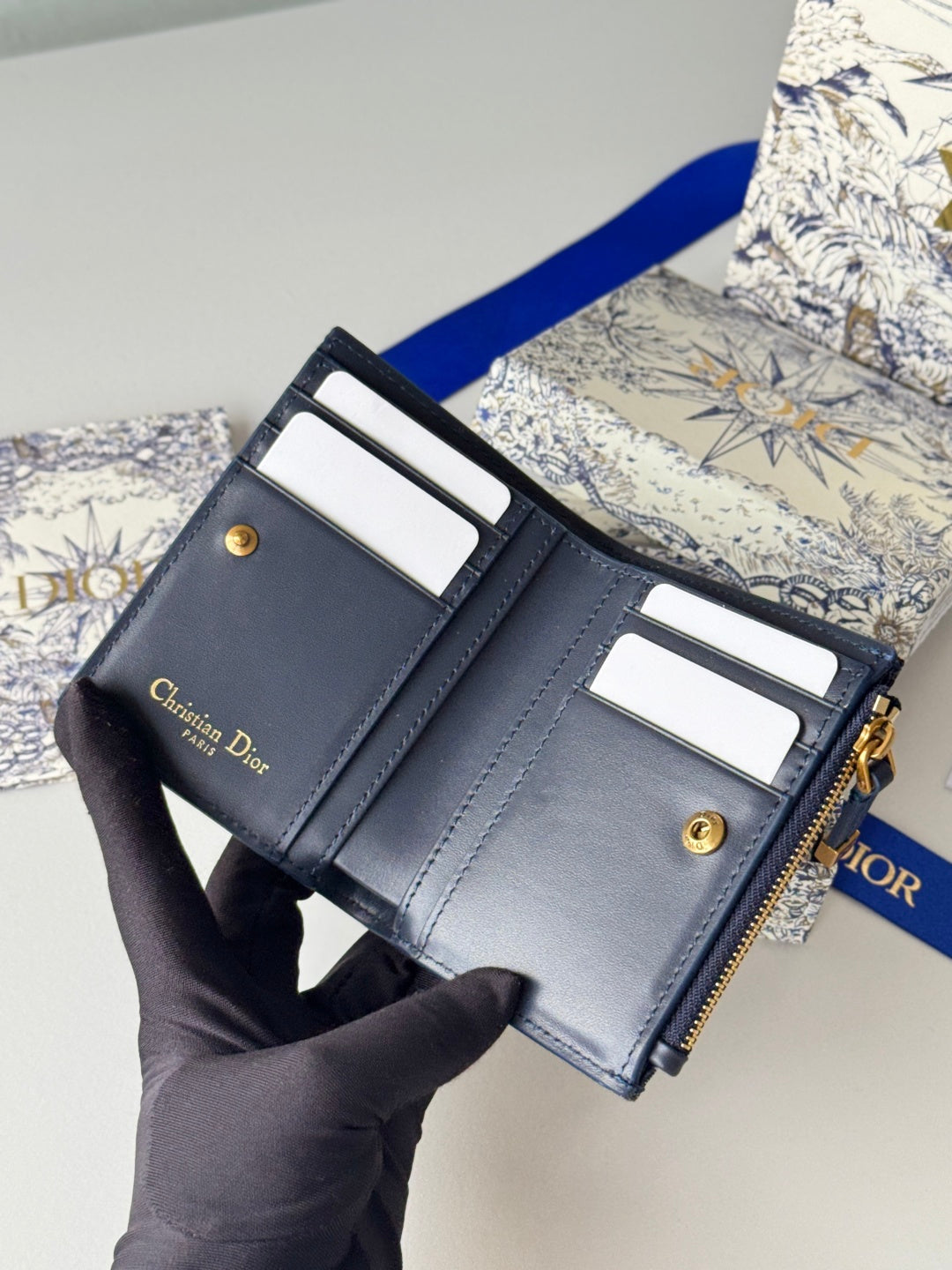 Chanel Dior 25S 30 Montaigne Dahlia Wallet 11 in Blue Dior Oblique Jacquard
