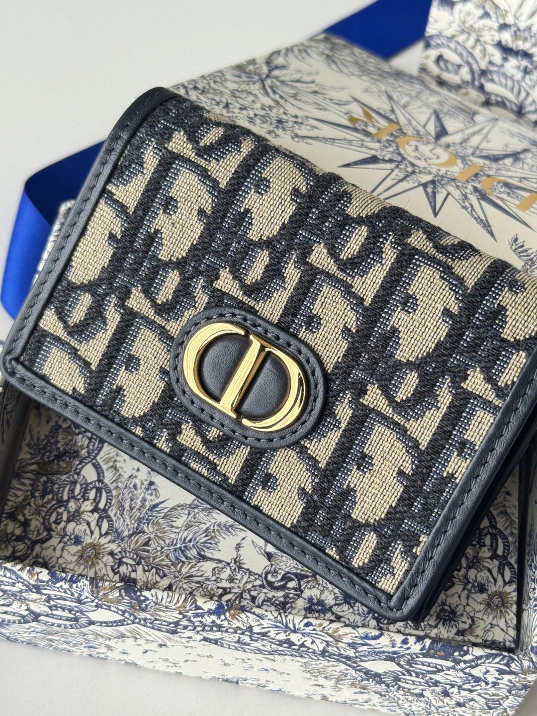 Dior 25S Caro Card Holder 11 in Blue Calfskin and Canvas Gold Hardware