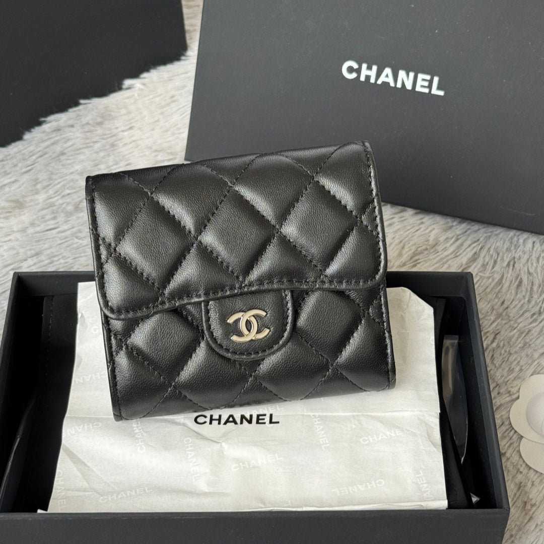 Chanel 25S Cf Small Tri Fold Wallet 11 in Black Lambskin Silver Hardware