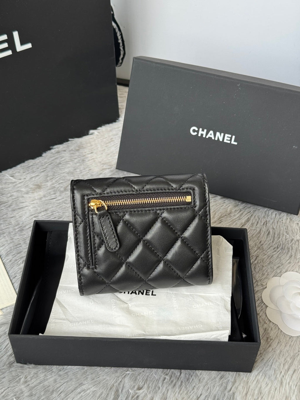 Chanel 25S Cf Small Tri Fold Wallet 11 in Black Lambskin Gold Hardware