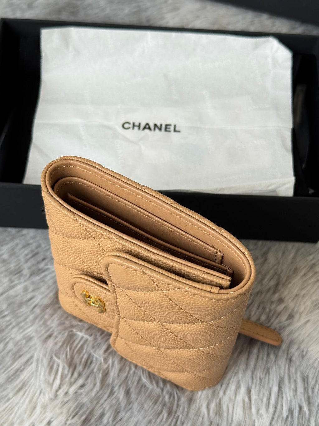 Chanel 25S Cf Small Tri Fold Wallet 11 in Golden Caramel Caviar Gold Hardware