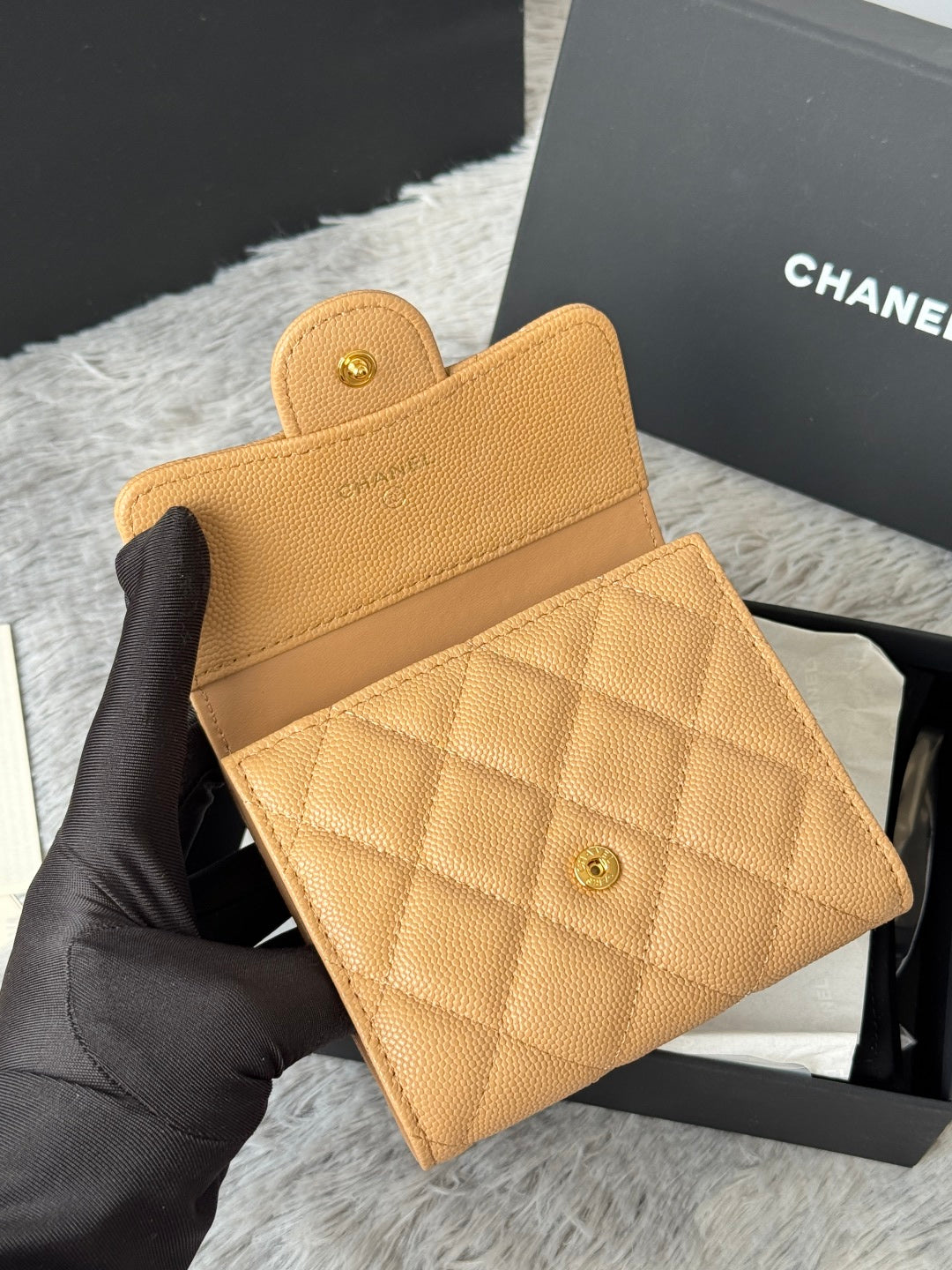 Chanel 25S Cf Small Tri Fold Wallet 11 in Golden Caramel Caviar Gold Hardware