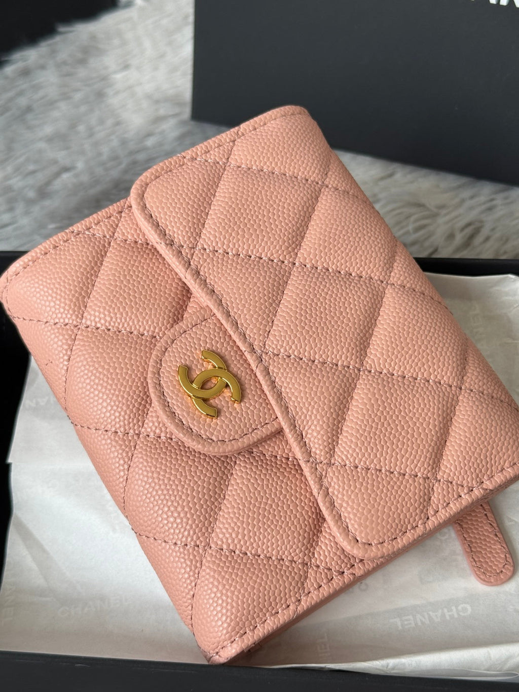 Chanel 25S Cf Small Tri Fold Wallet 11 in Peach Pink Caviar Gold Hardware