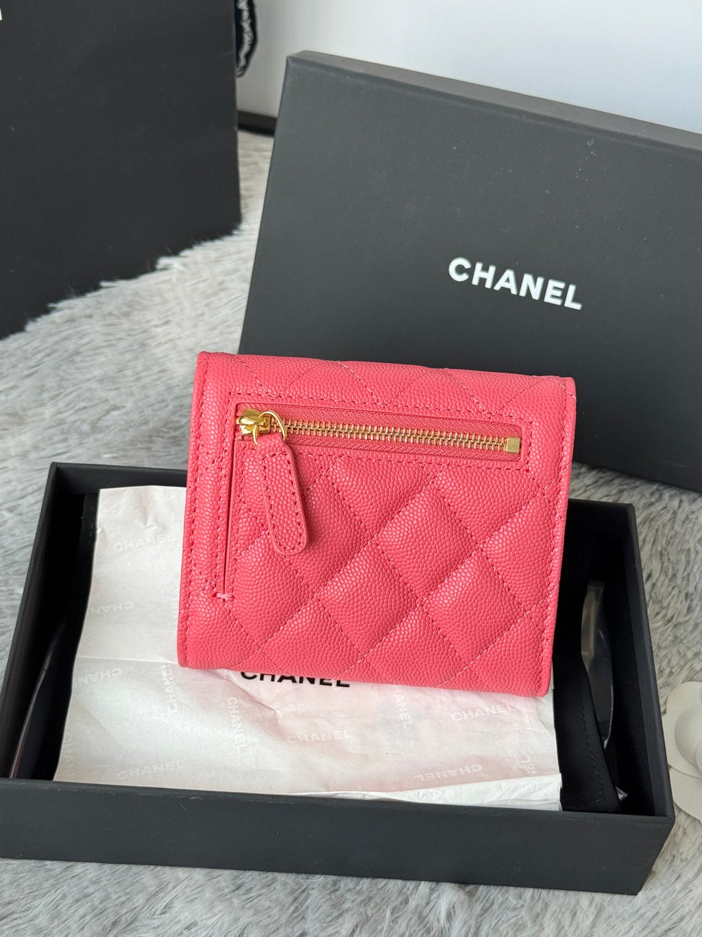 Chanel 25S Cf Small Tri Fold Wallet 11 in Watermelon Caviar Gold Hardware