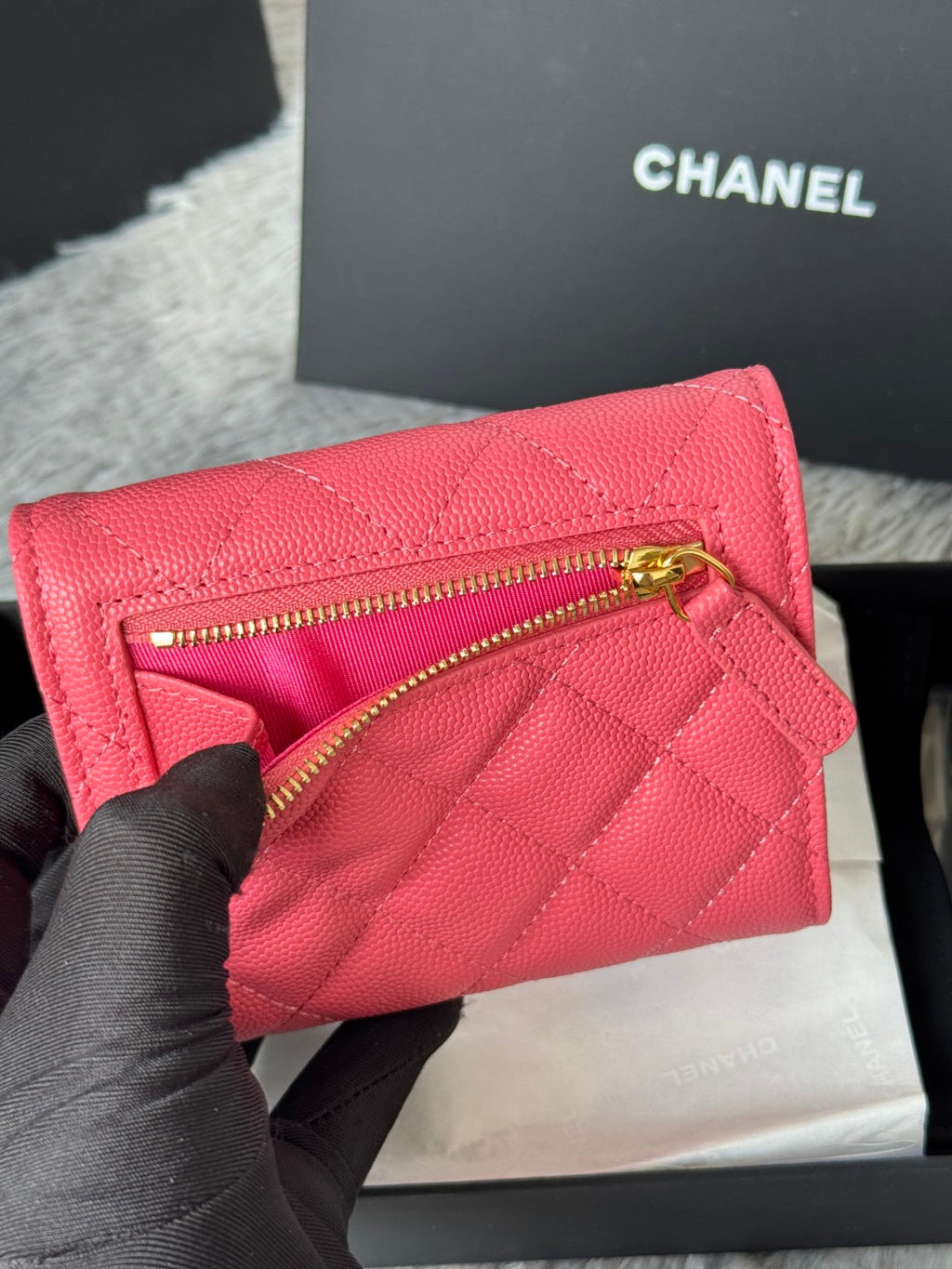Chanel 25S Cf Small Tri Fold Wallet 11 in Watermelon Caviar Gold Hardware