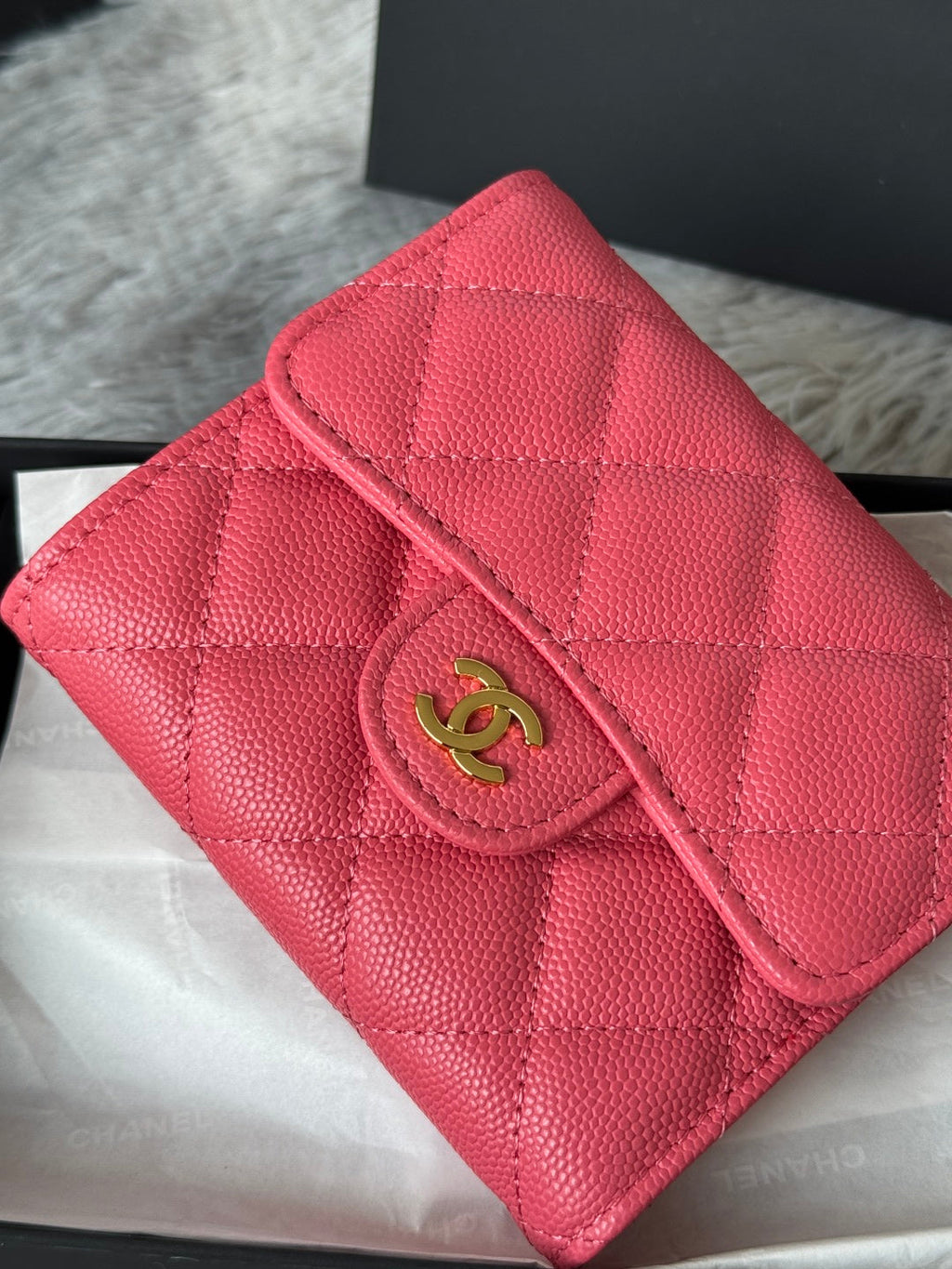 Chanel 25S Cf Small Tri Fold Wallet 11 in Watermelon Caviar Gold Hardware
