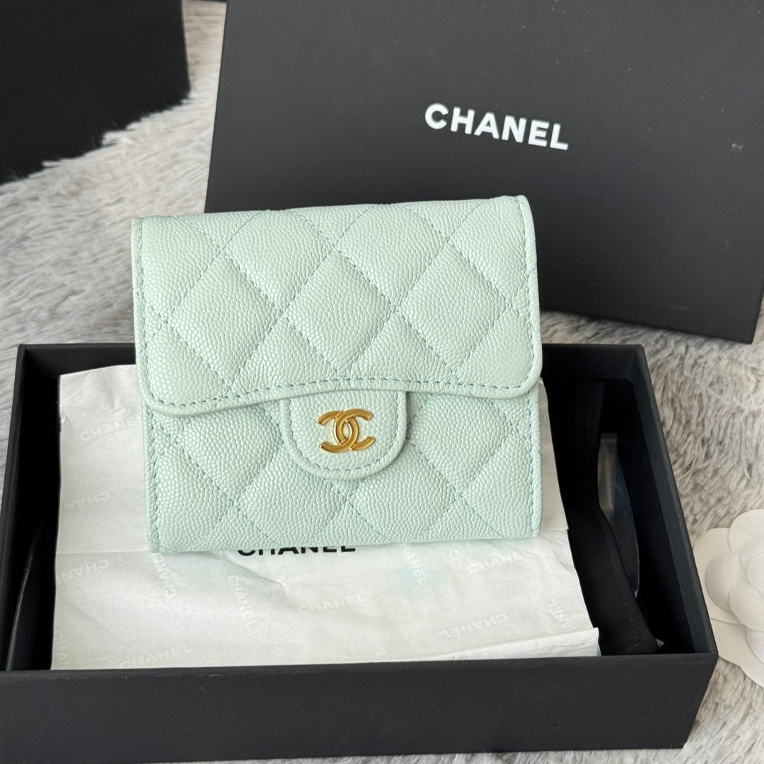 Chanel 25S Cf Small Tri Fold Wallet 11 in Soft Mint Caviar Gold Hardware
