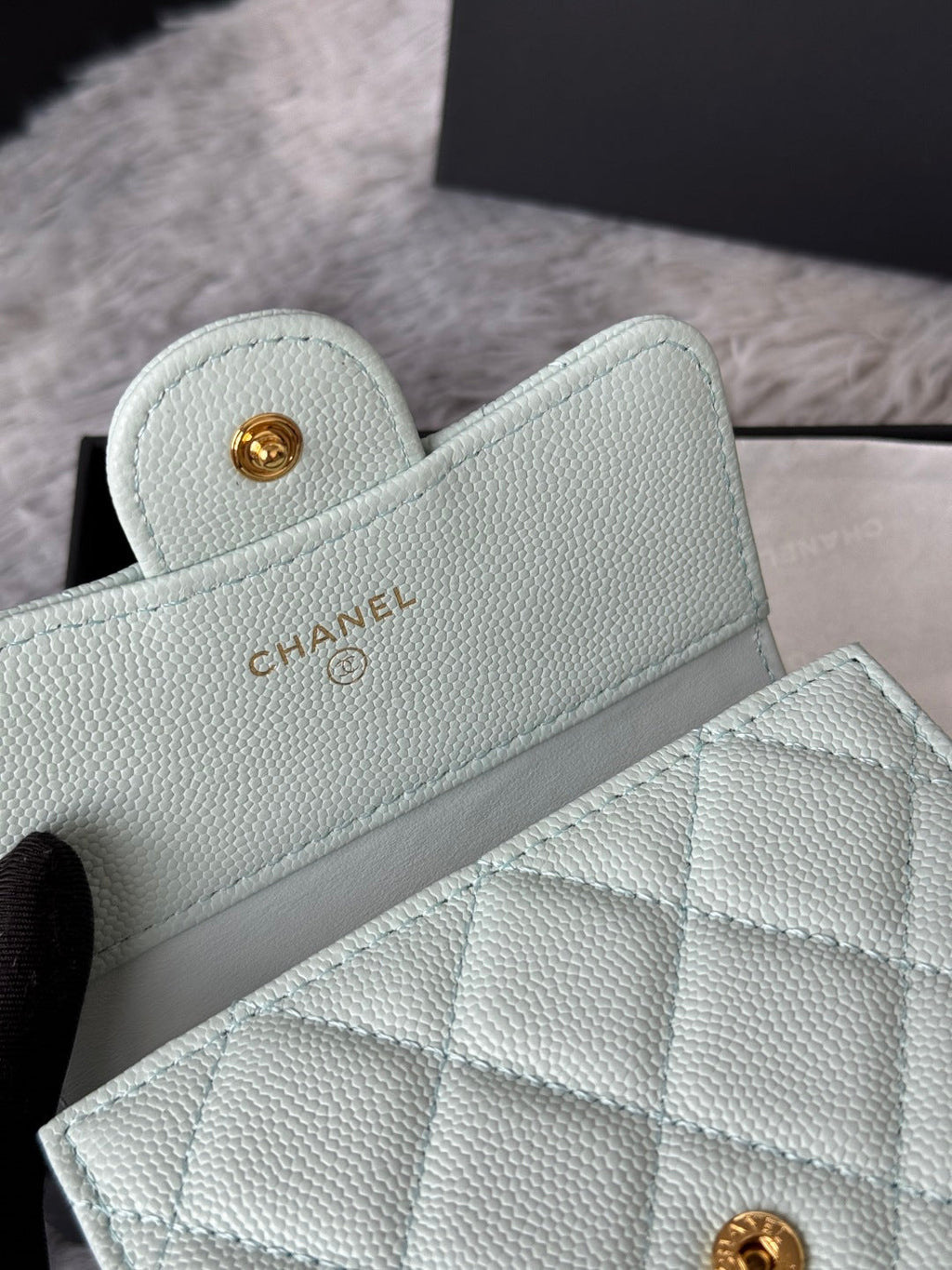 Chanel 25S Cf Small Tri Fold Wallet 11 in Soft Mint Caviar Gold Hardware