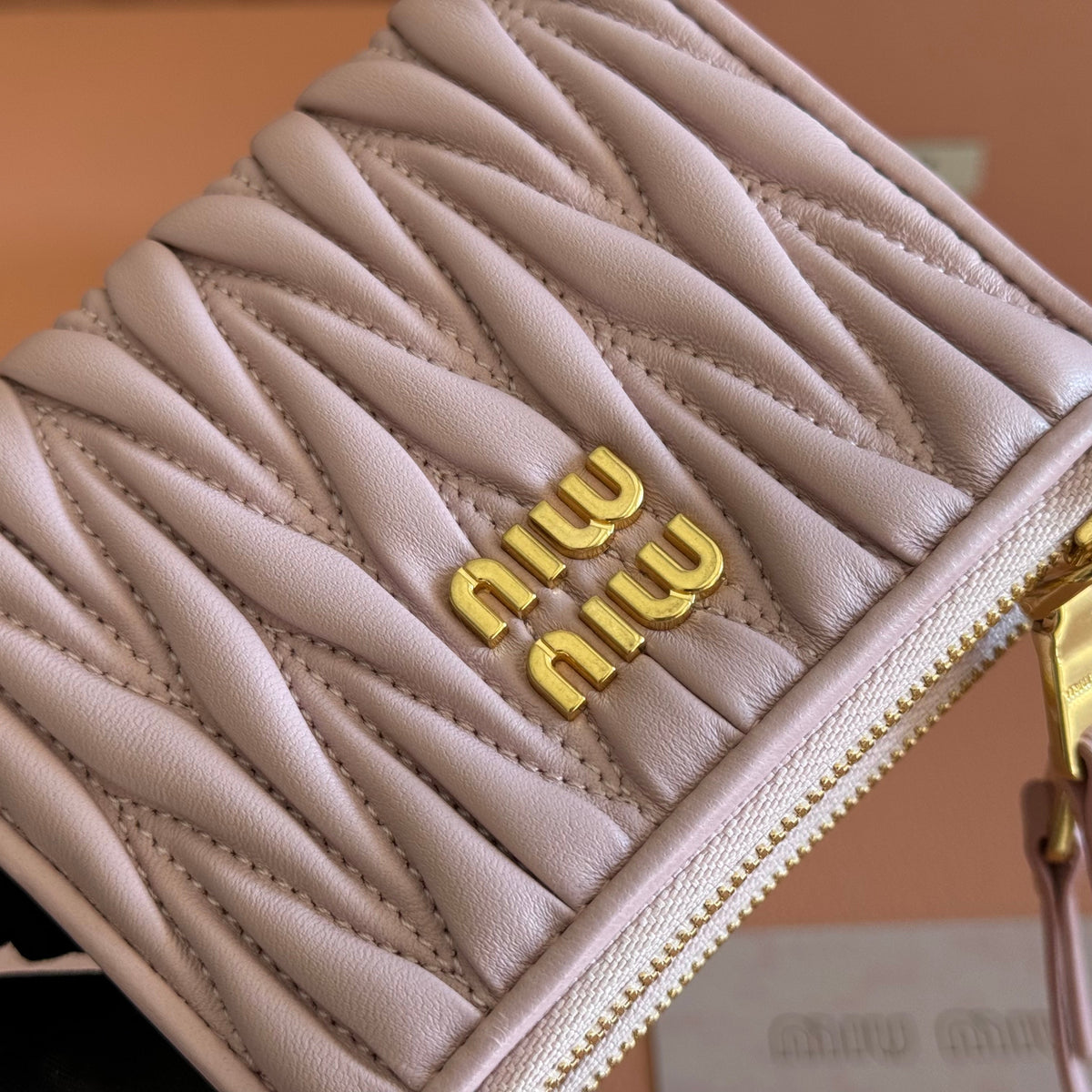 Miu Miu 26S Small Matelasse Card Holder 11 in Light Pink Calfskin Gold Hardware
