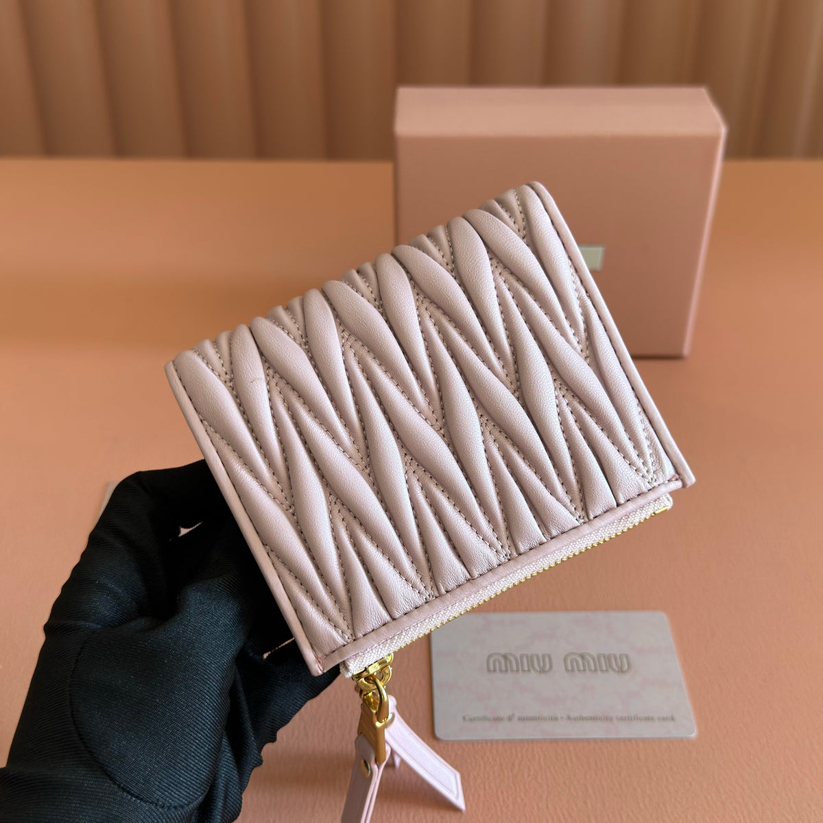 Miu Miu 26S Small Matelasse Card Holder 11 in Light Pink Calfskin Gold Hardware