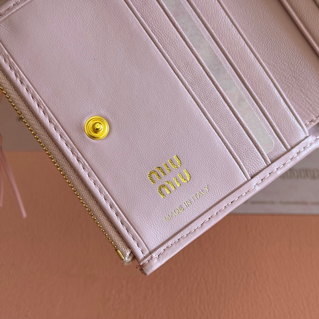 Miu Miu 26S Small Matelasse Card Holder 11 in Light Pink Calfskin Gold Hardware