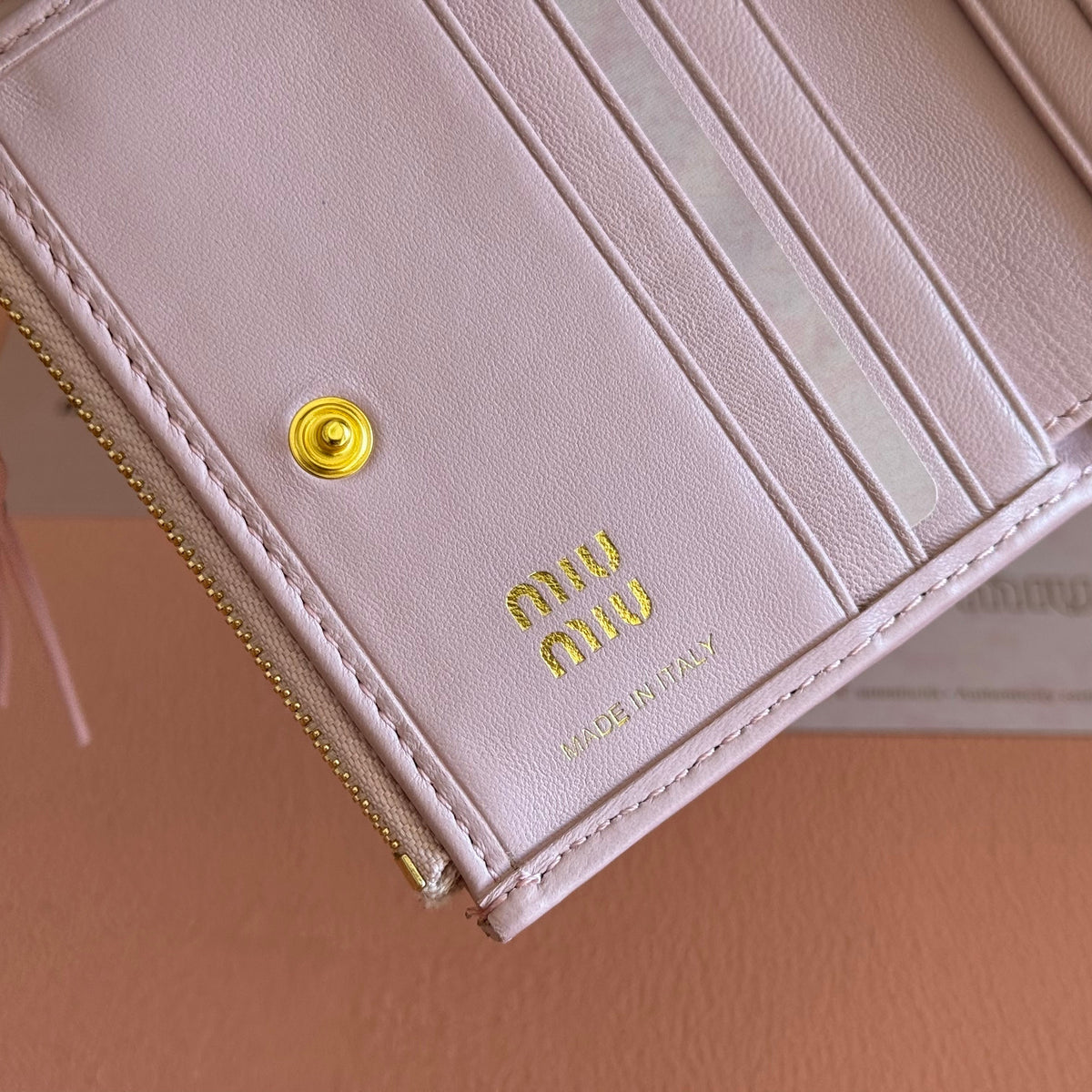 Miu Miu 26S Small Matelasse Card Holder 11 in Light Pink Calfskin Gold Hardware