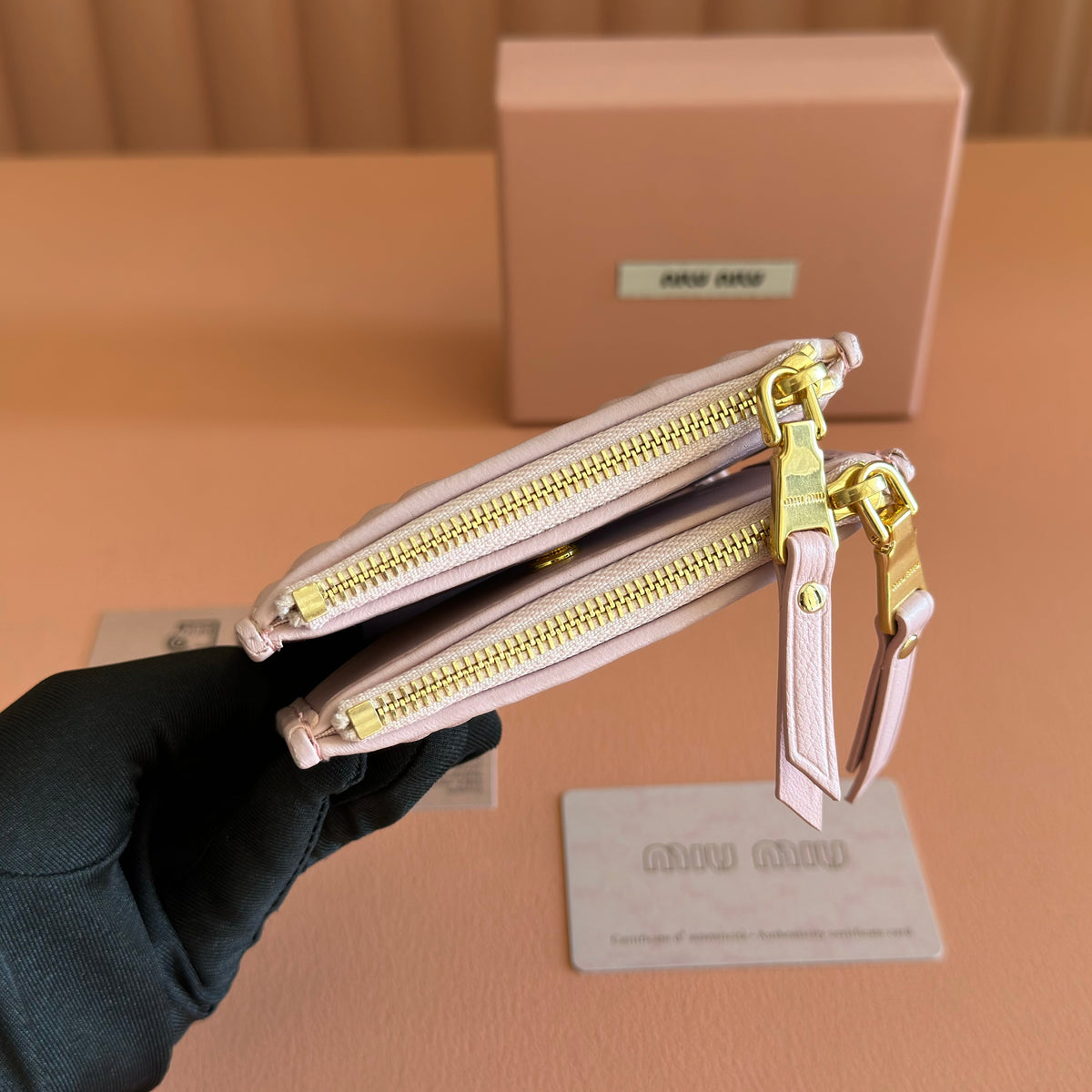 Miu Miu 26S Small Matelasse Card Holder 11 in Light Pink Calfskin Gold Hardware