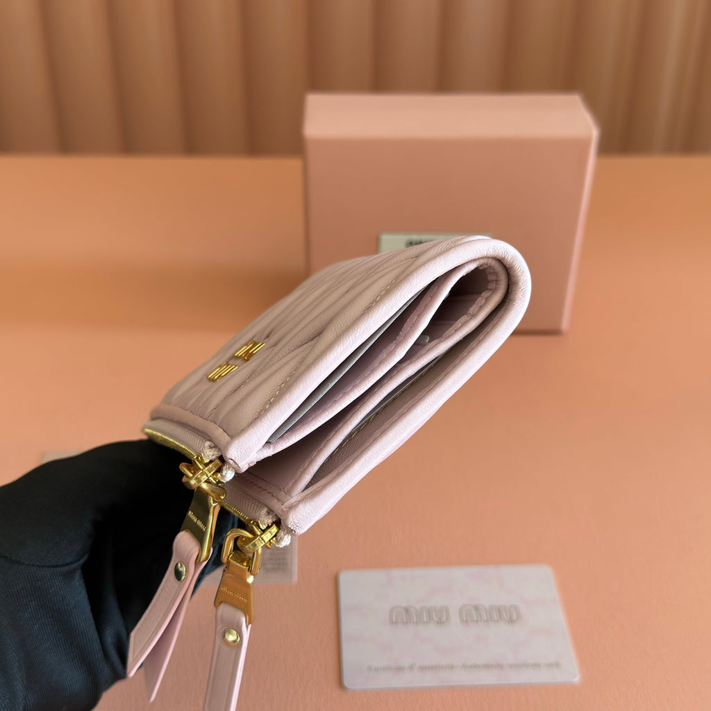 Miu Miu 26S Small Matelasse Card Holder 11 in Light Pink Calfskin Gold Hardware