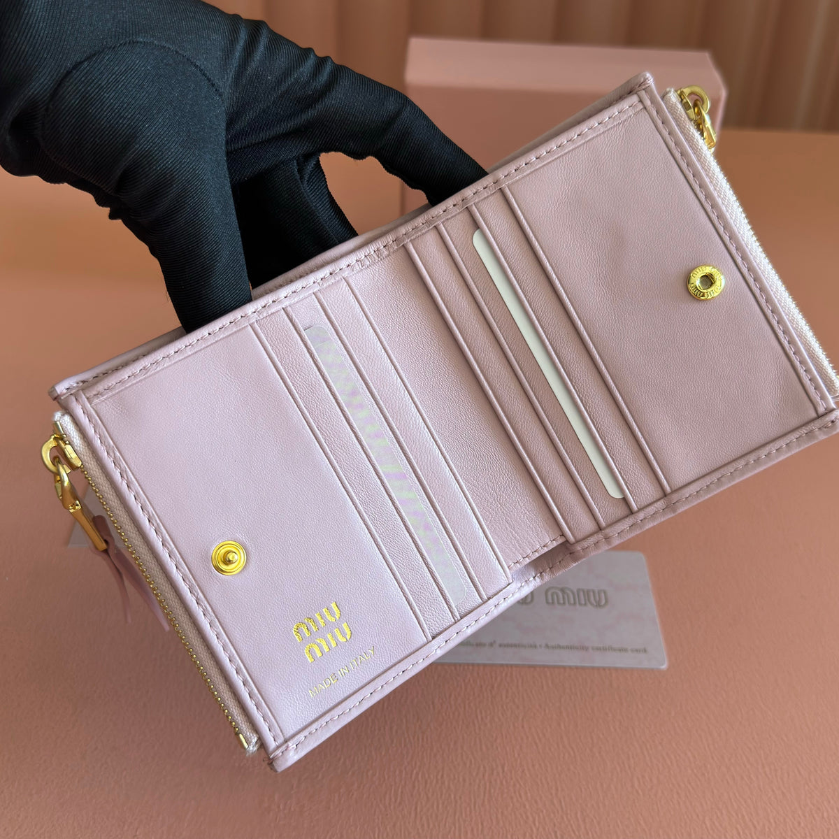 Miu Miu 26S Small Matelasse Card Holder 11 in Light Pink Calfskin Gold Hardware