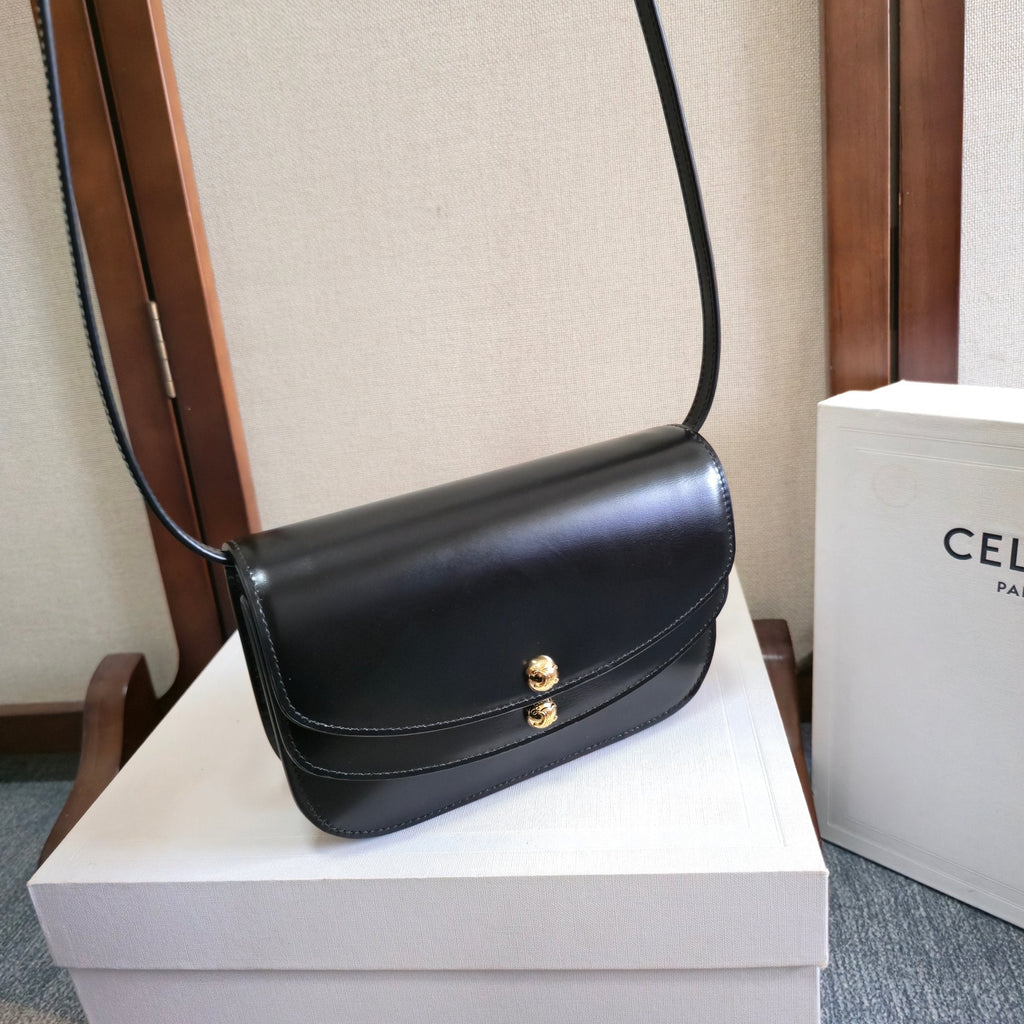 Celine 25S Duo Wallet On Strap 20mm in Black Shiny Calfskin