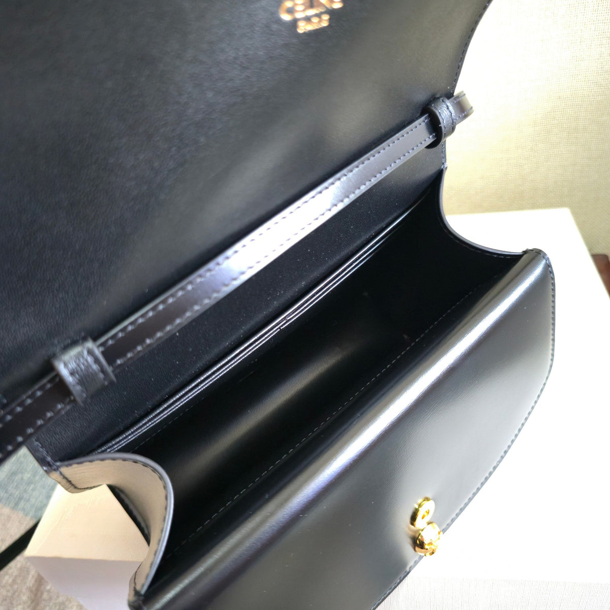 Celine 25S Duo Wallet On Strap 20mm in Black Shiny Calfskin