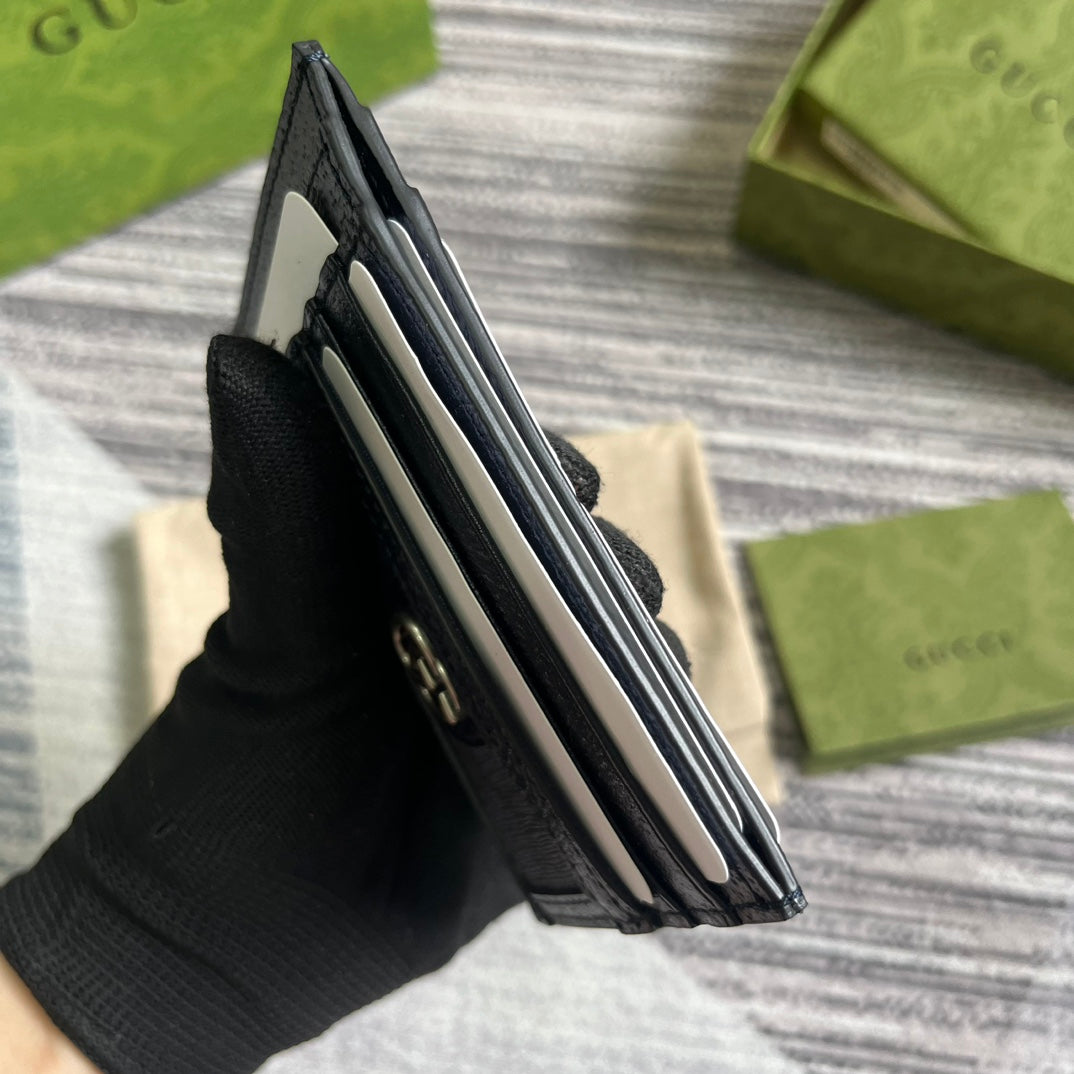Gucci Ophidia 11 Card Case Dark Blue Canvas and Black Calfskin