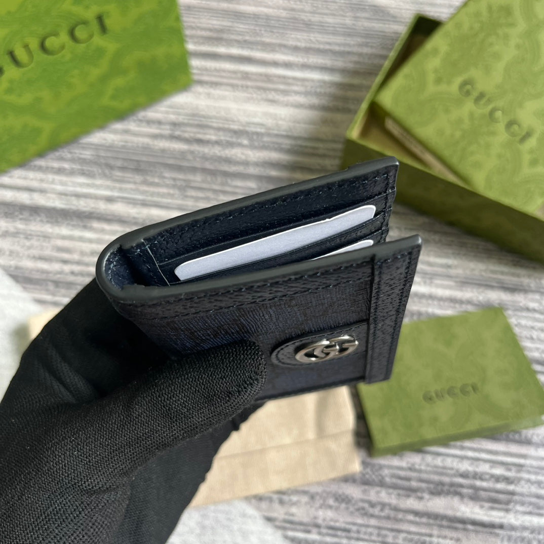 Gucci Ophidia 12 Card Case Dark Blue Canvas and Black Calfskin