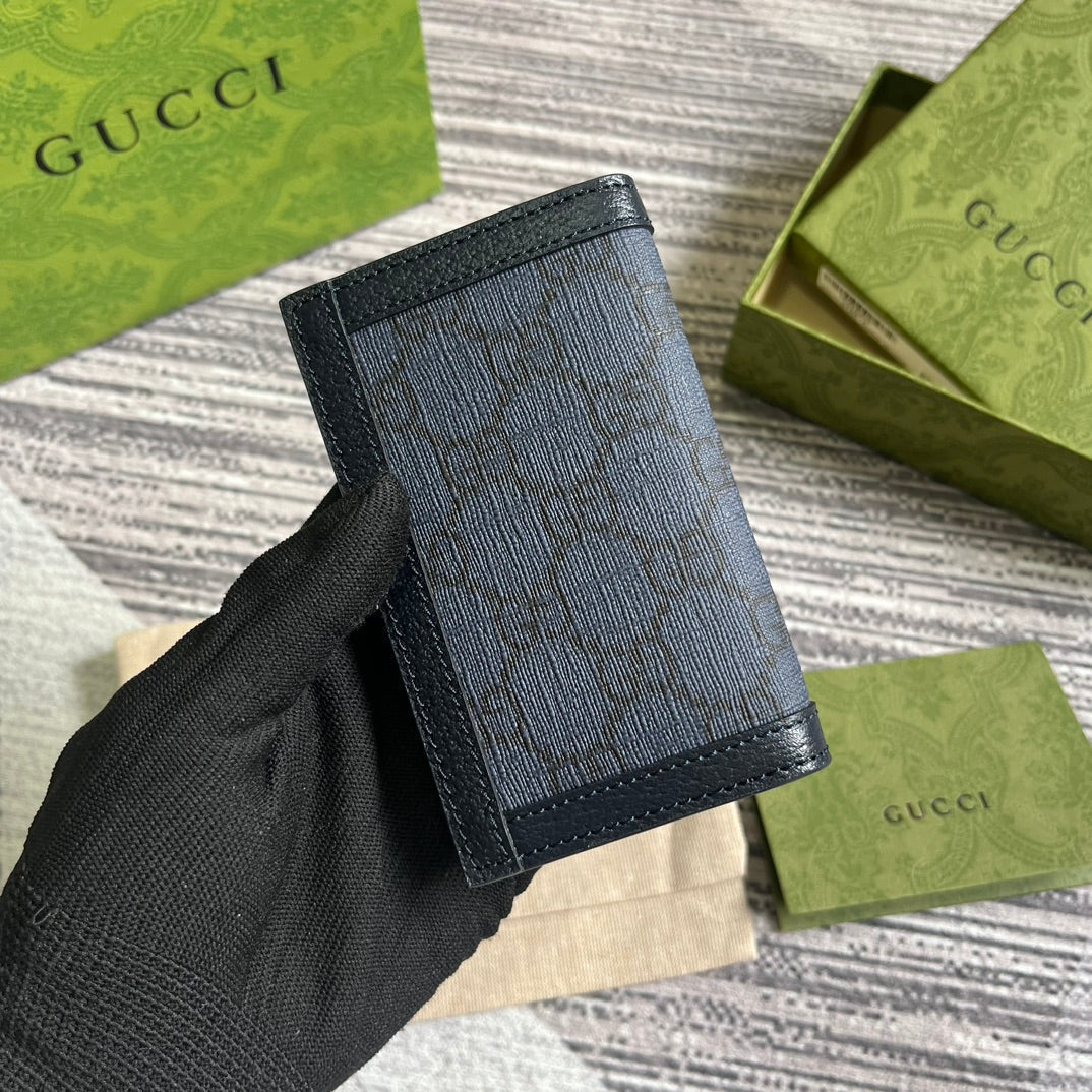 Gucci Ophidia 12 Card Case Dark Blue Canvas and Black Calfskin