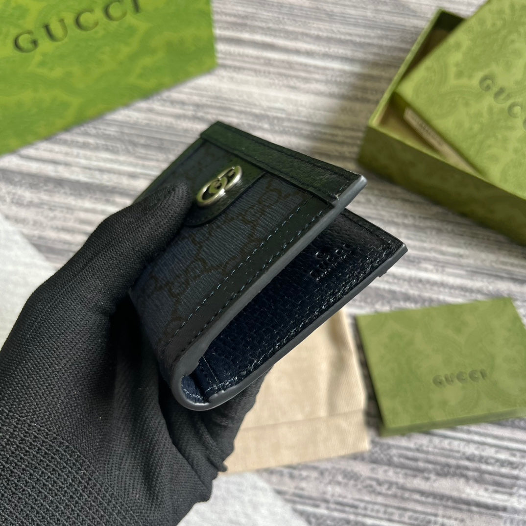 Gucci Ophidia 12 Card Case Dark Blue Canvas and Black Calfskin
