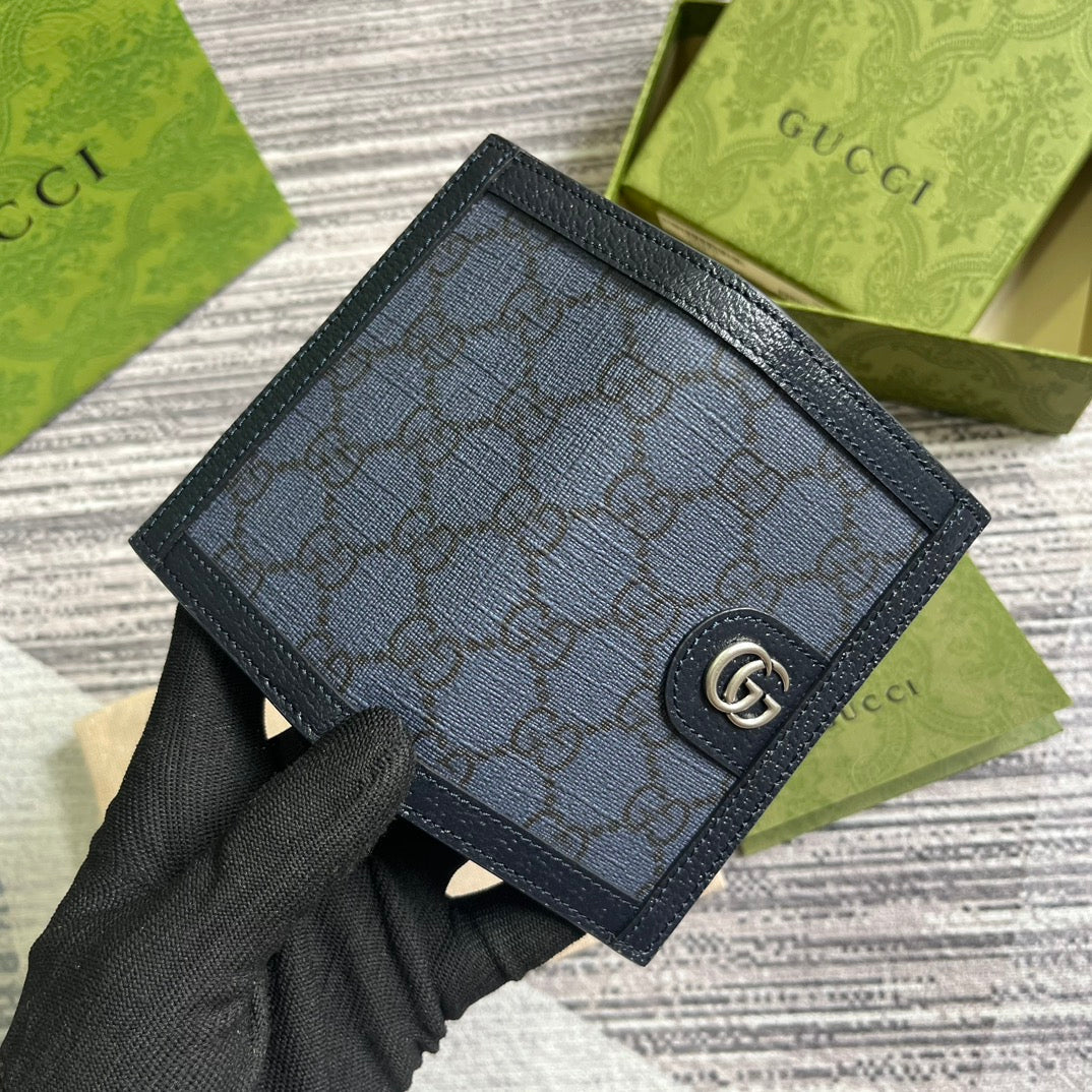 Gucci Ophidia 12 Card Case Dark Blue Canvas and Black Calfskin